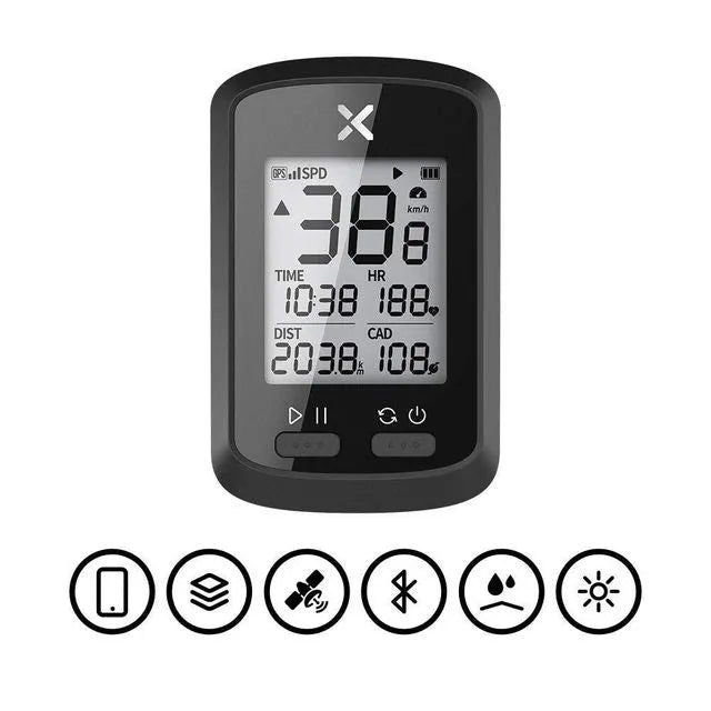 Black plastic waterproof digital stopwatch for bicycle riding on handlebars.