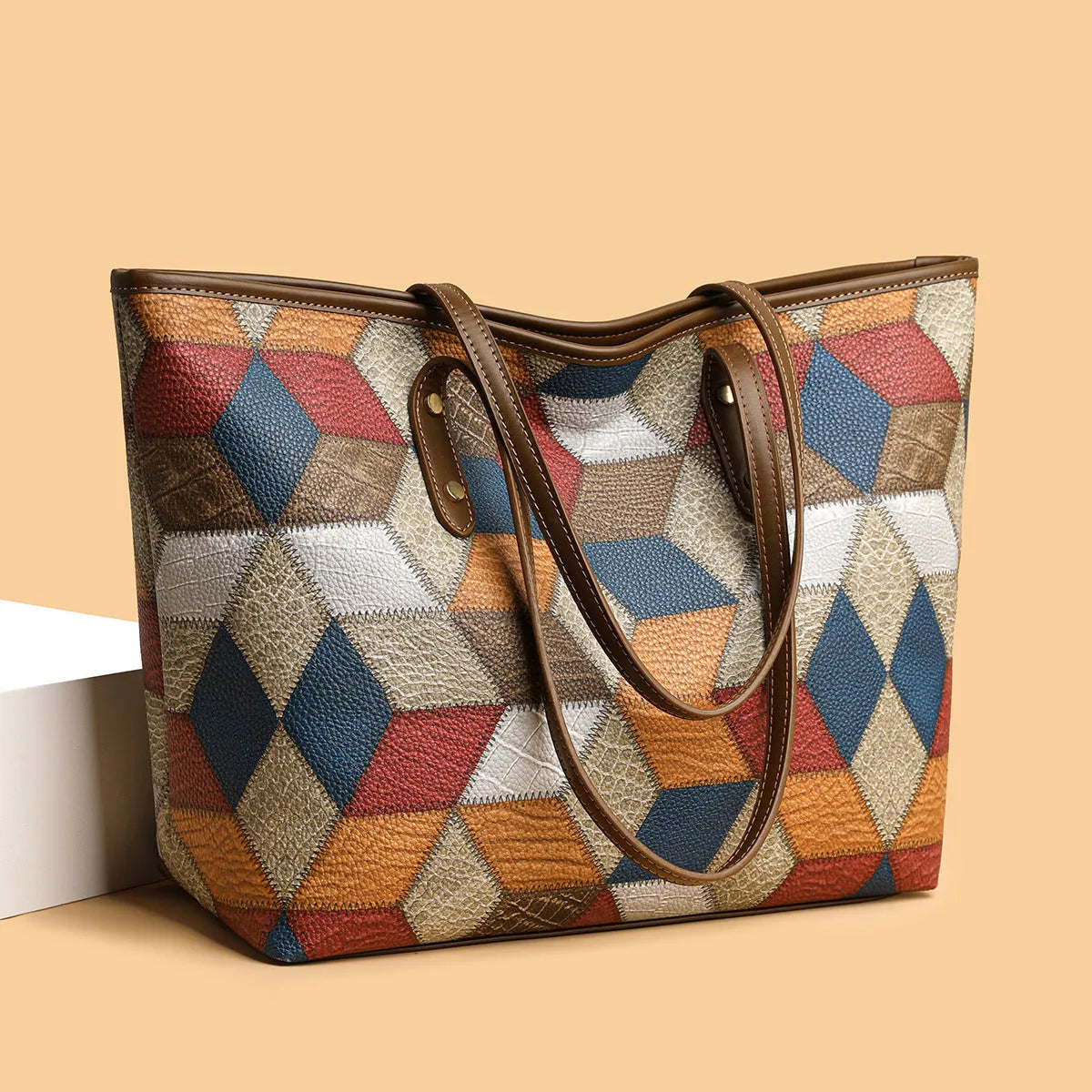 Blue brown women's PVC handbag with sandwich pocket design for business and travel