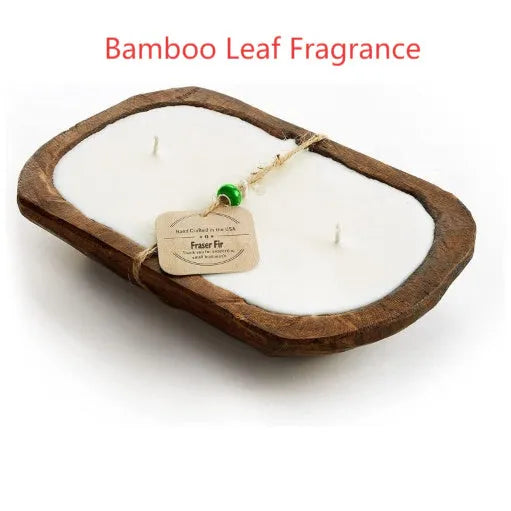 Retro wooden basin container with a triple-wick soy aromatherapy candle in lavender scent