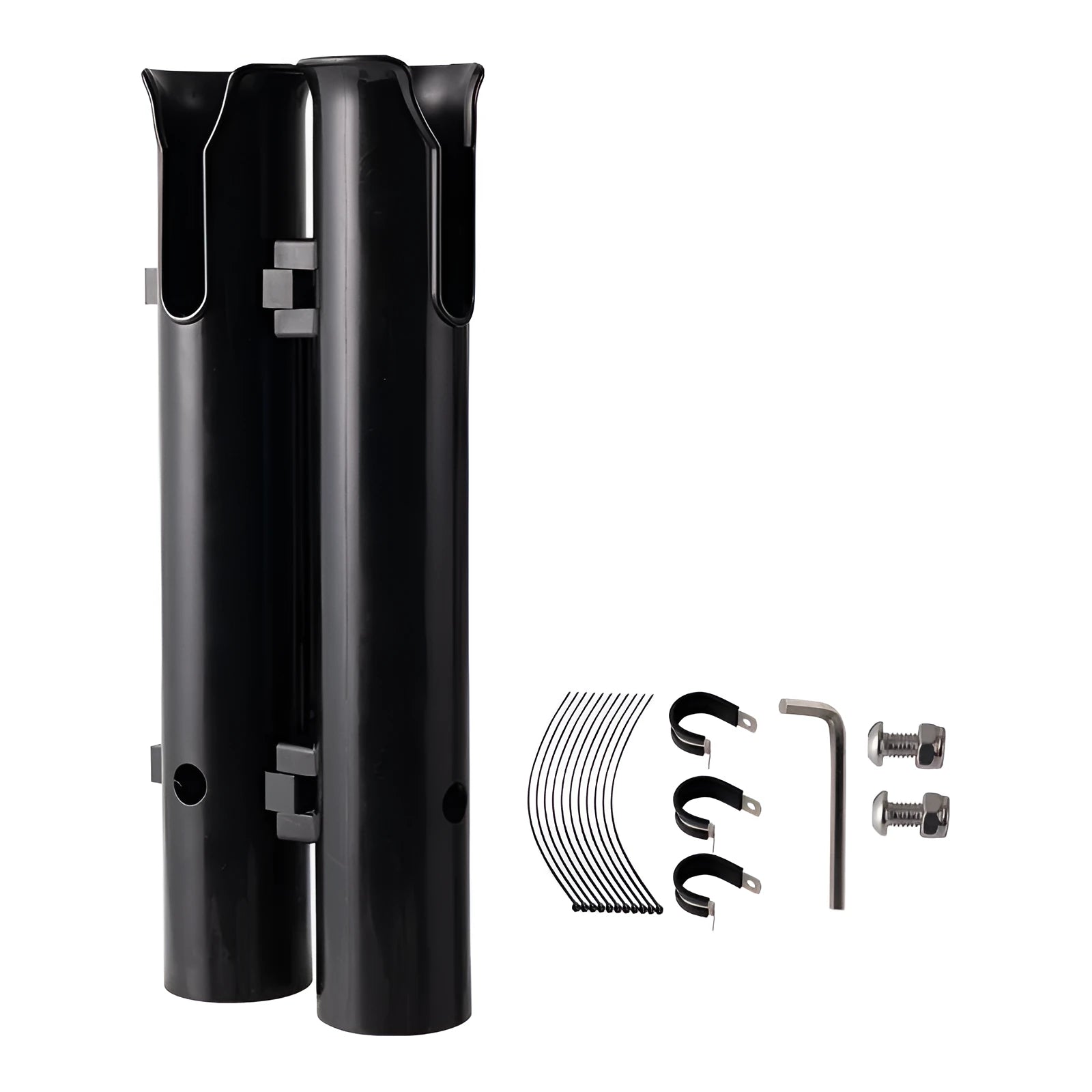 Plastic double-layer fishing rod rack clamped onto a bicycle frame tube