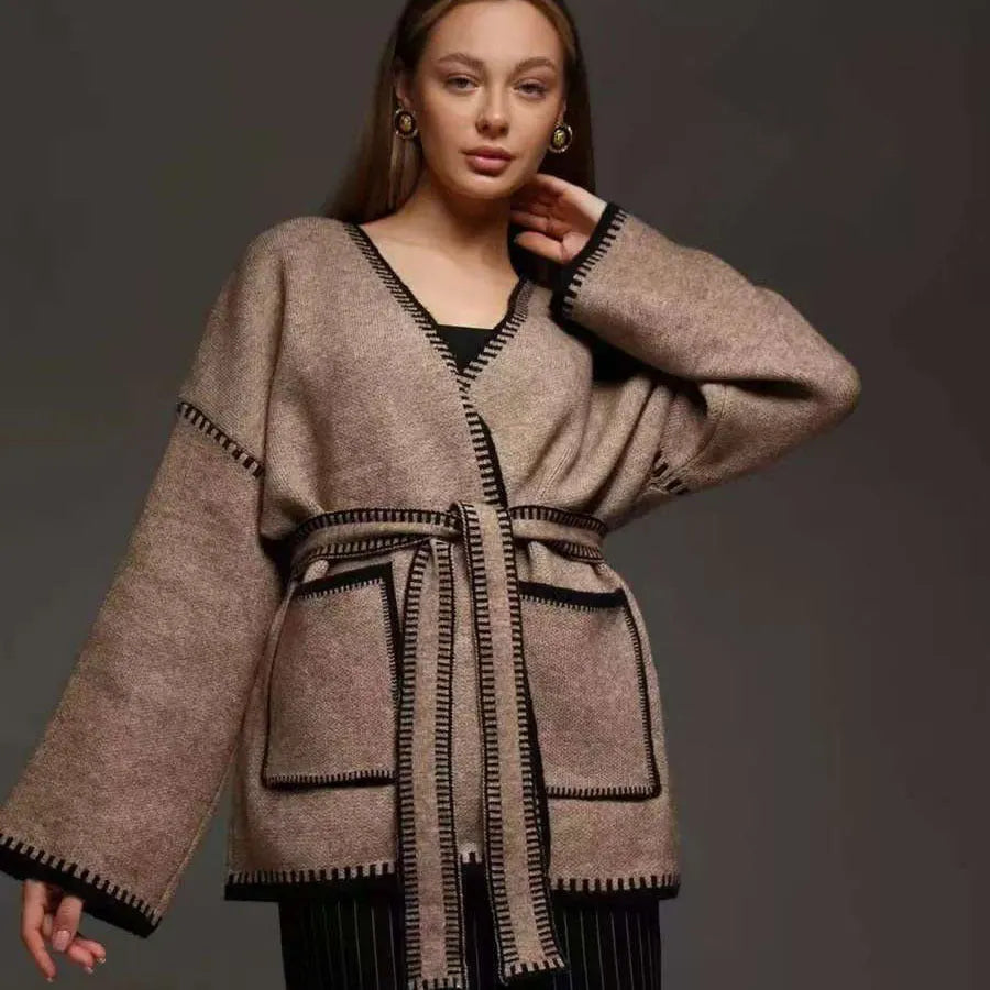 Lace-up front knitted cardigan in imitation cashmere cotton blend fabric in camel colour