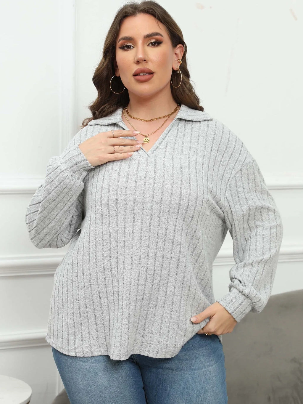 Women's plus size polo collar gothic shirt with lantern sleeves in melange gray fleece