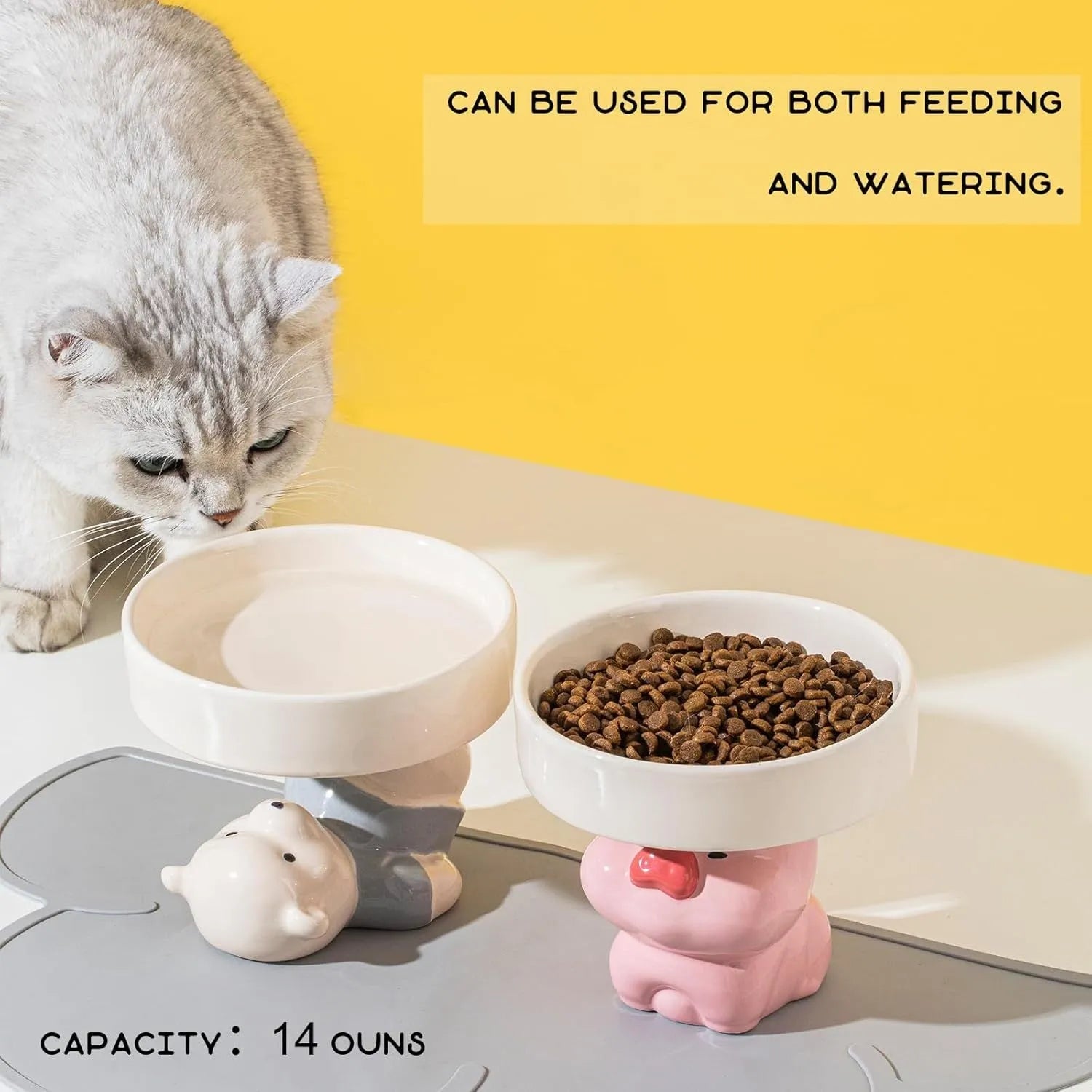 Raised ceramic cat bowl in animal design with wide opening for whisker-friendly feeding