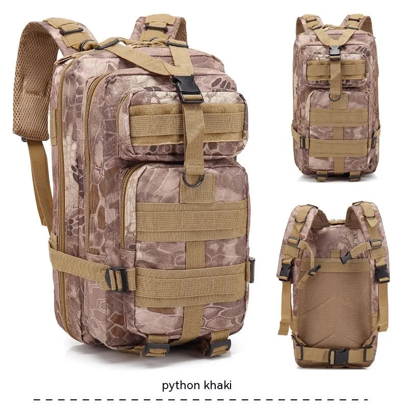 Large khaki hiking backpack with air pillow belt system for off-road mountaineering and outdoor sports