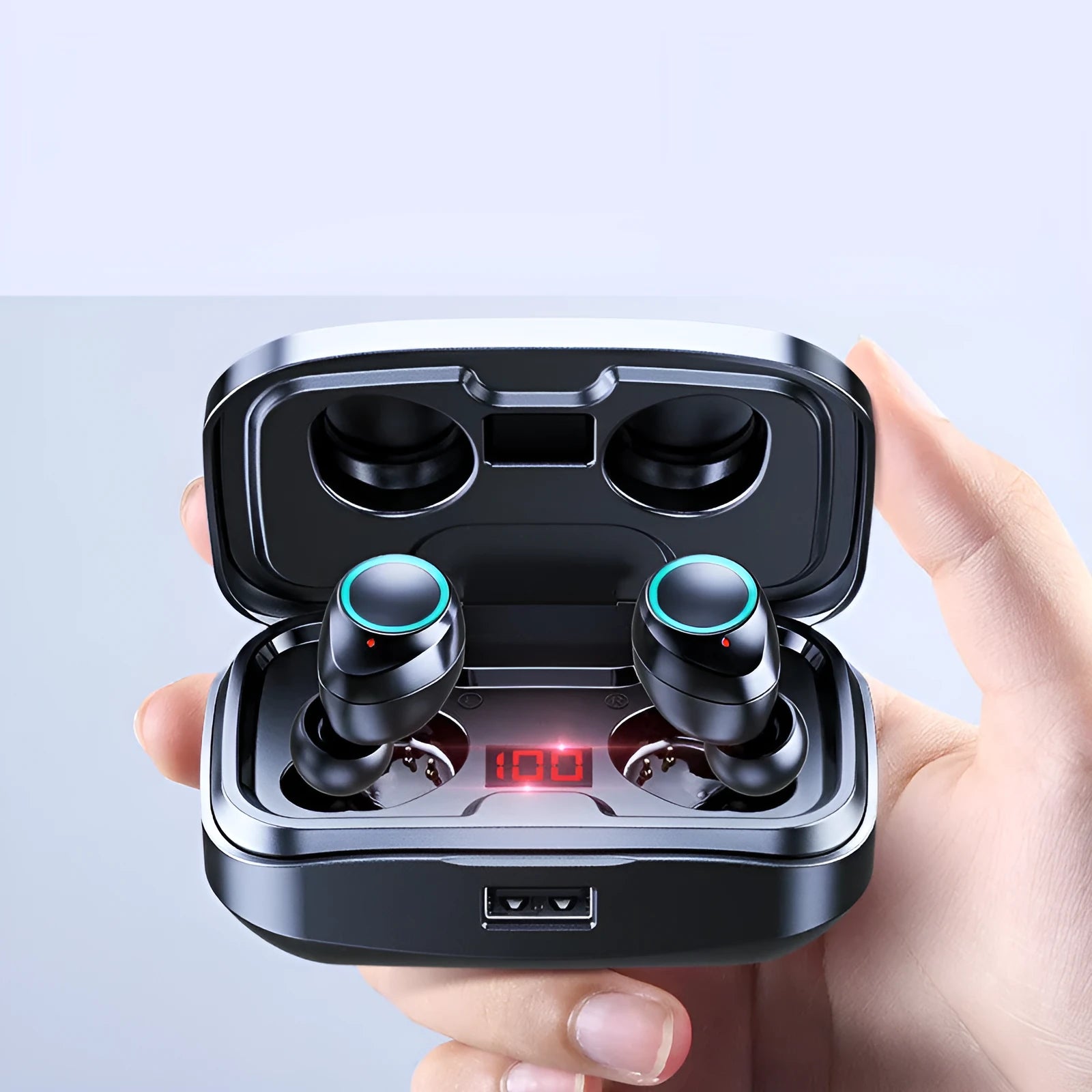 Black wireless in-ear headphones with Bluetooth 5.0 showing the private mould earpiece design