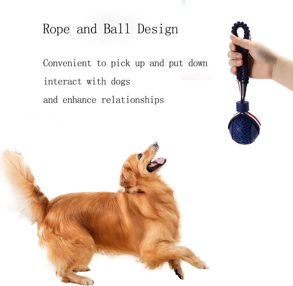 Blue dog ball with rope toy showing textured surface and 29cm length