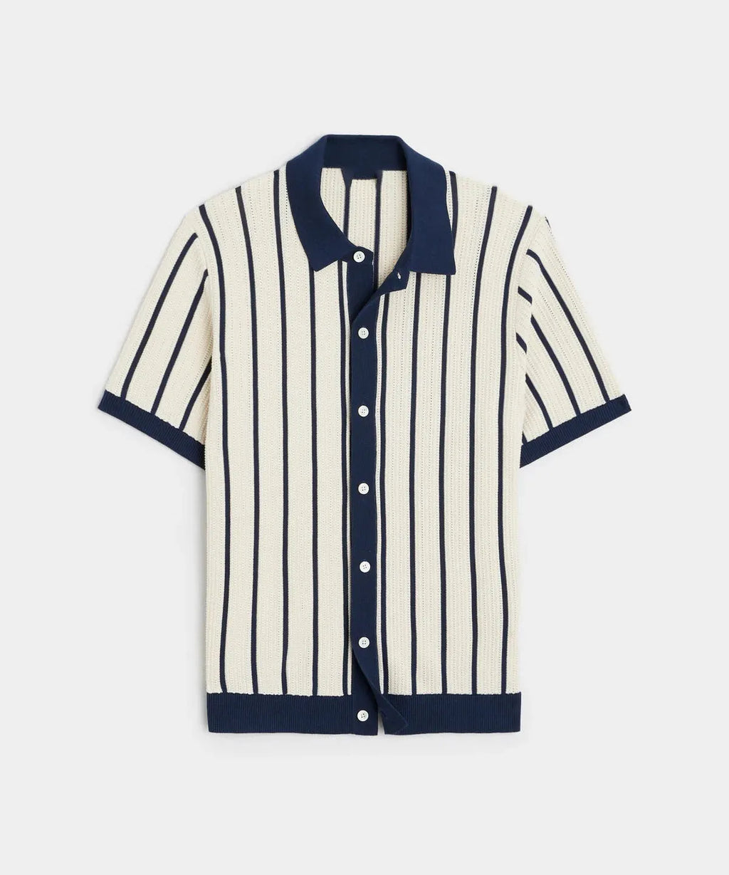 Men's white asymmetric lapel knitted top with short sleeves and a striped pattern.