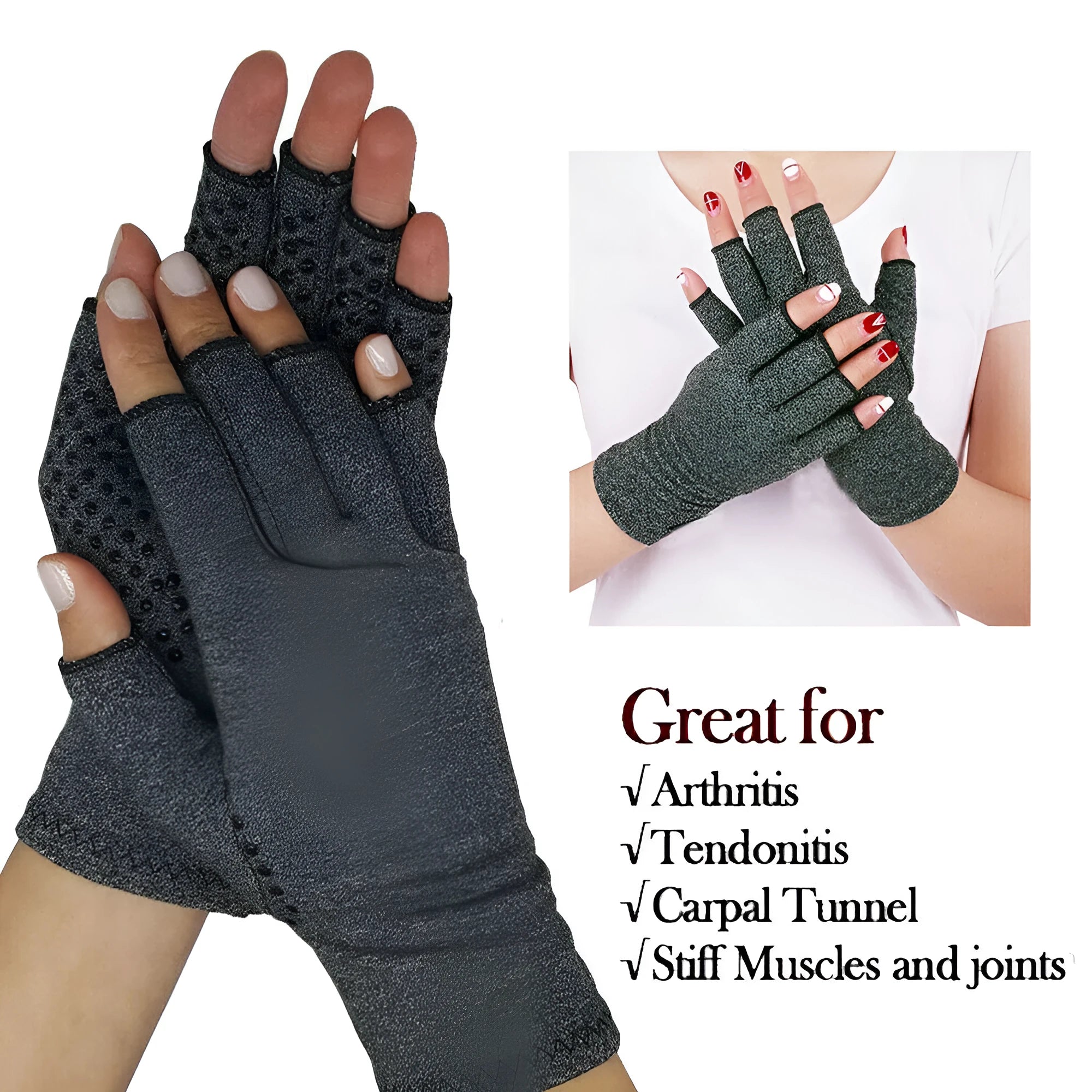 Grey half finger compression gloves showing anti-slip silicone grip palm and joint support design
