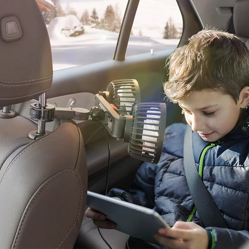 Black car USB rear pillow single head electric fan on a car seat.