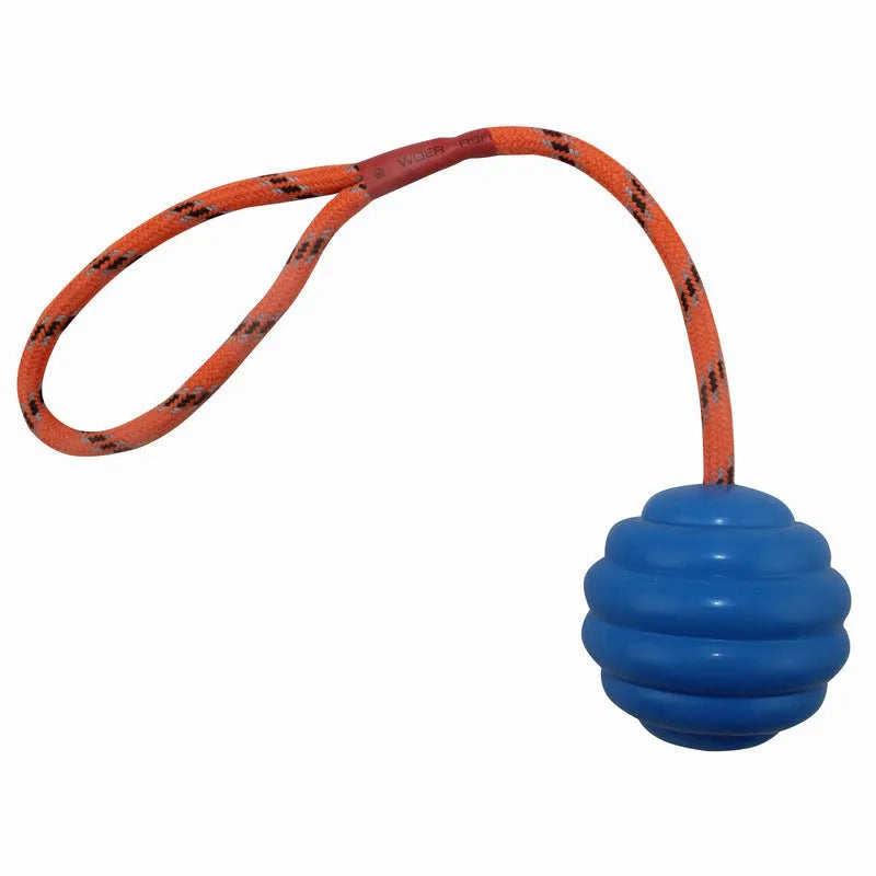 Multi-colour rubber dog training ball with rope knot, measuring 6x30cm
