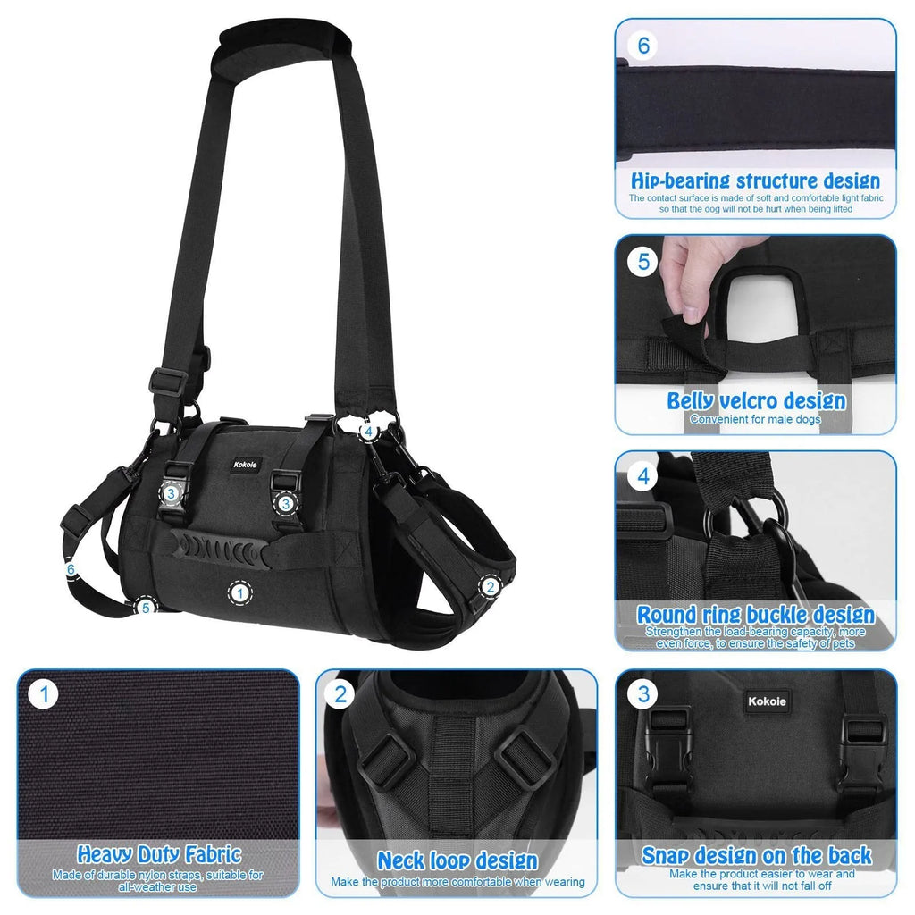 Black Oxford cloth dog harness for outdoor leg support and rehabilitation training.