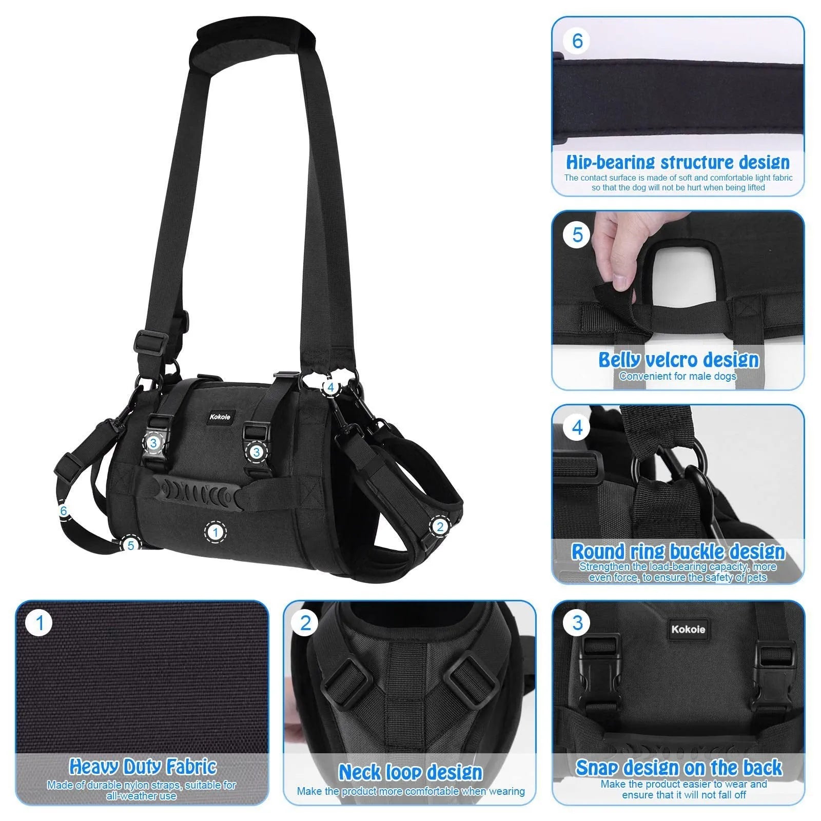 Black Oxford cloth dog harness for outdoor leg support and rehabilitation training.