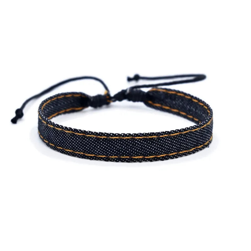 Adjustable denim fabric bracelet in various YYR colours with mixed material construction