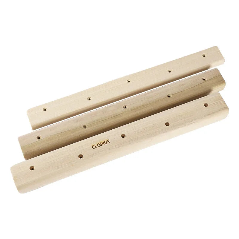 Three wooden grip training finger boards in different sizes for pull-up and climbing strength workouts