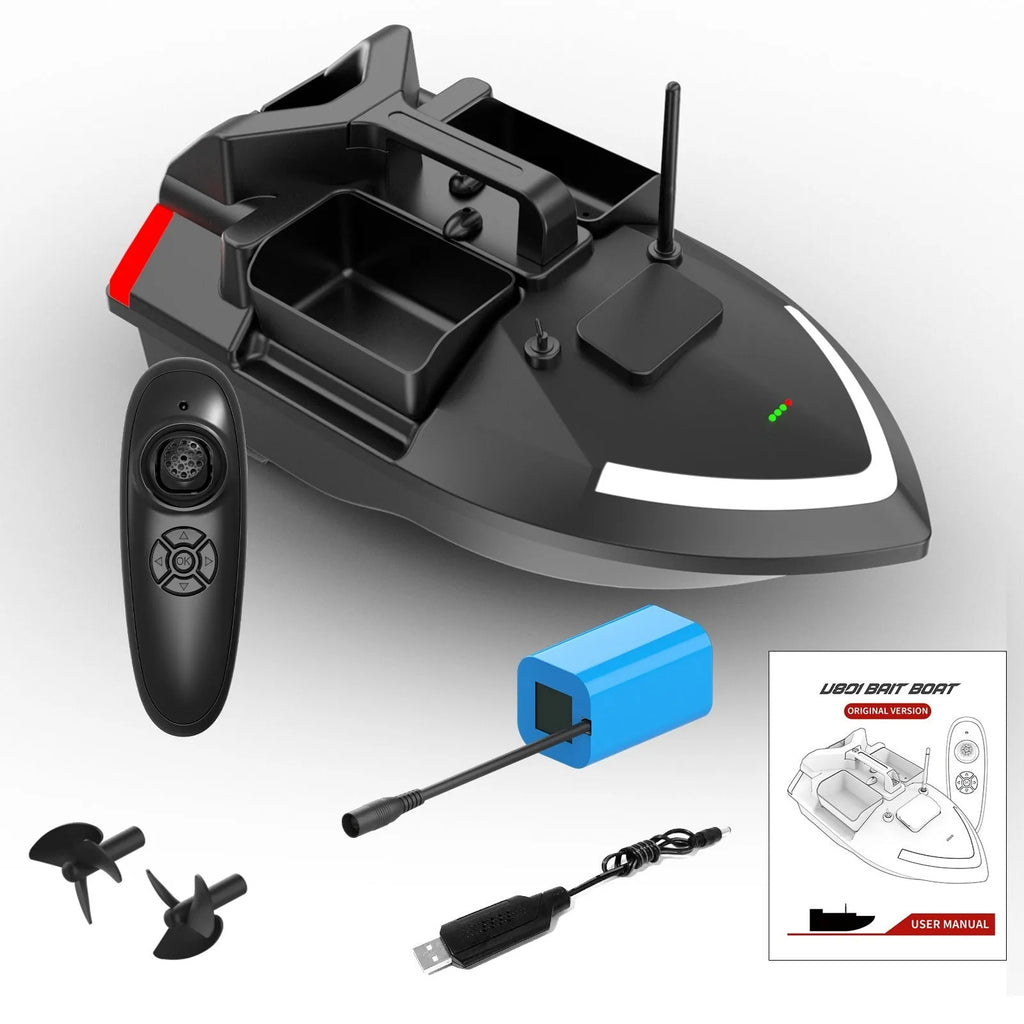 V020 GPS remote control fishing boat in luminous yellow with remote controller, showing LED light and drip bait function.