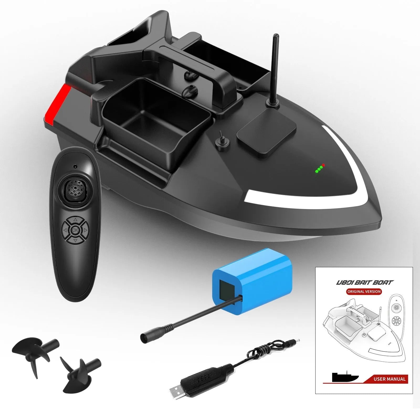 V020 GPS remote control fishing boat in luminous yellow with remote controller, showing LED light and drip bait function.