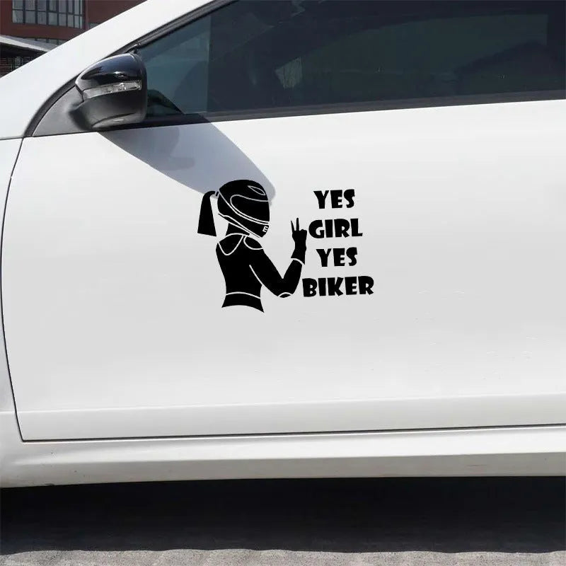 Cool girl rider character waterproof car sticker in black white or laser colour measuring 16cm by 15cm