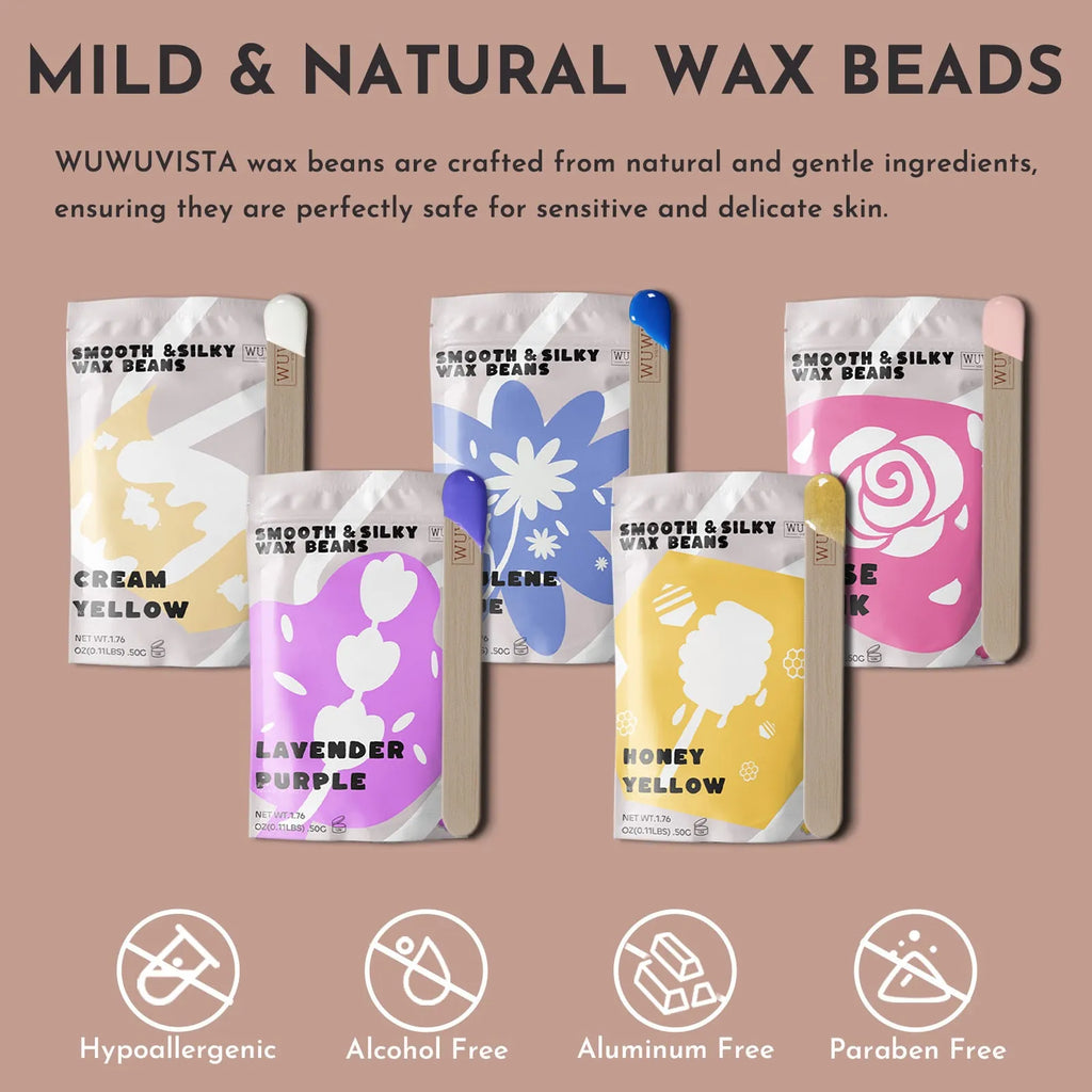 Professional waxing kit with hard wax beans, warmer, five wax variants, and application tools for facial and body hair removal