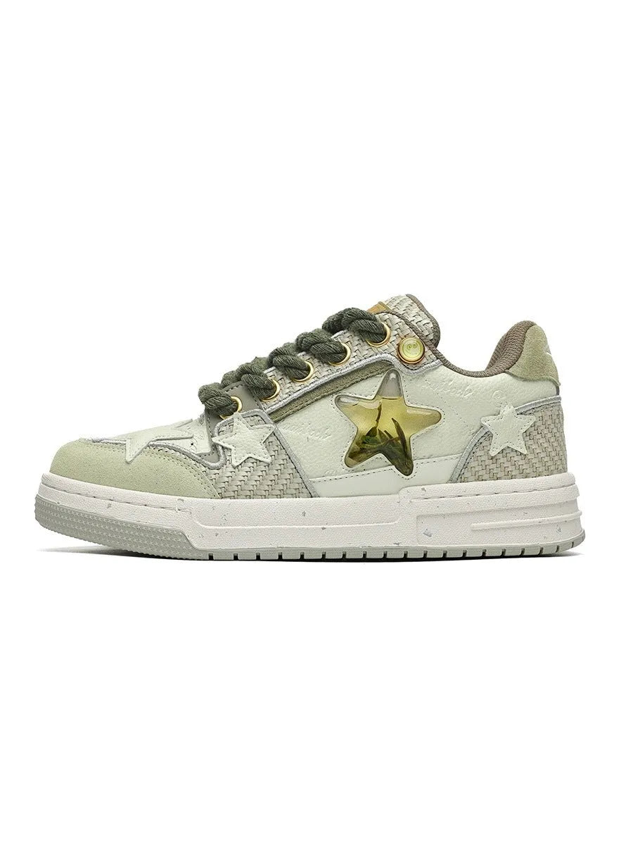 Cowhide leather low-top platform running shoes with round toe and front lace-up design
