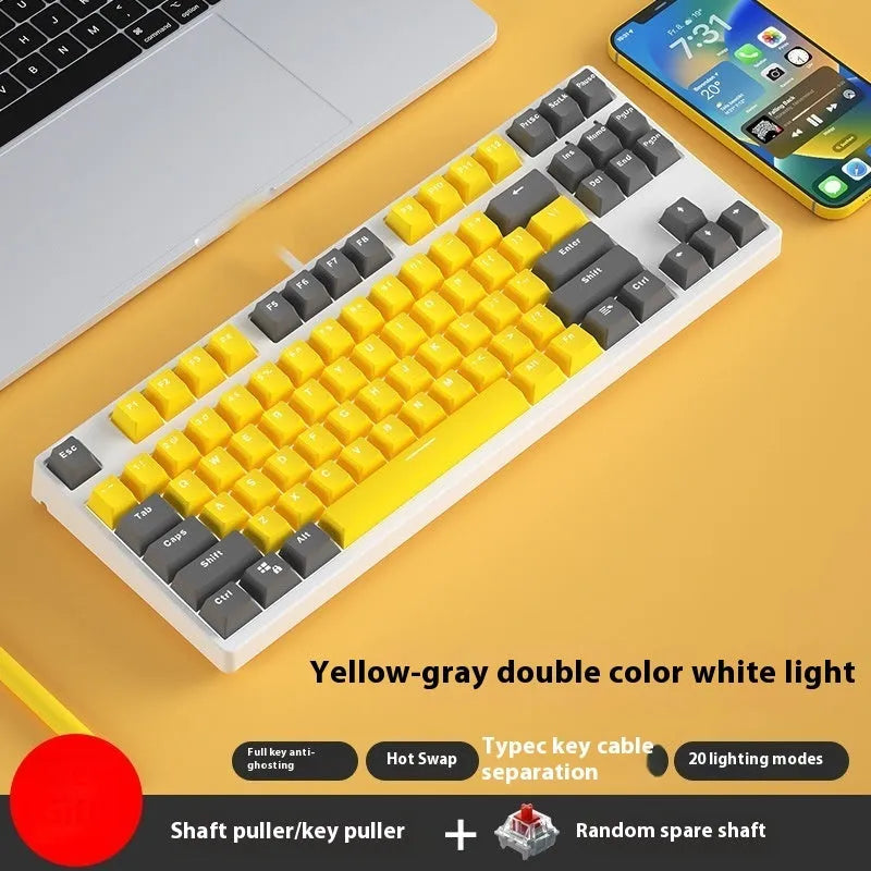 87-key wired mechanical keyboard with hot-swappable sockets showing colour options and included accessories