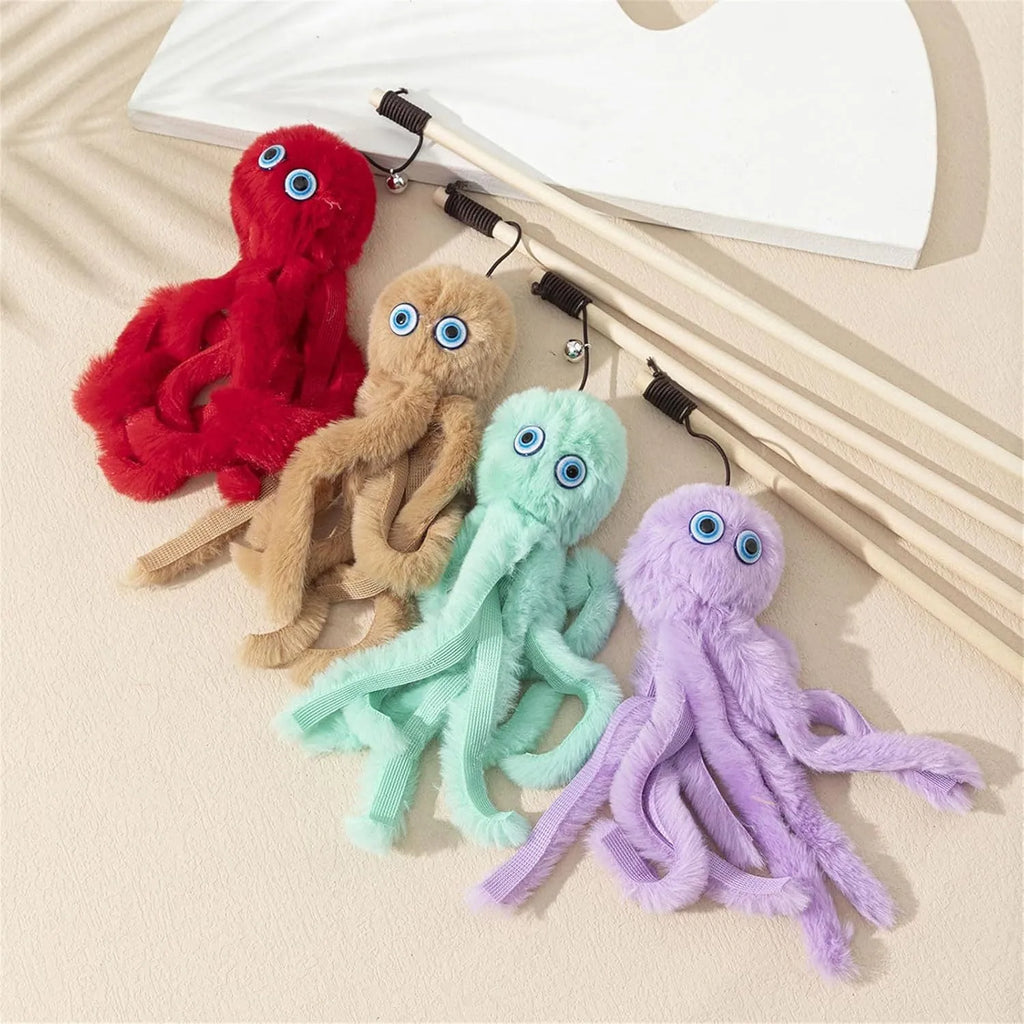 Octopus design cat toy with long stick wand for indoor kitten play in multiple colour options