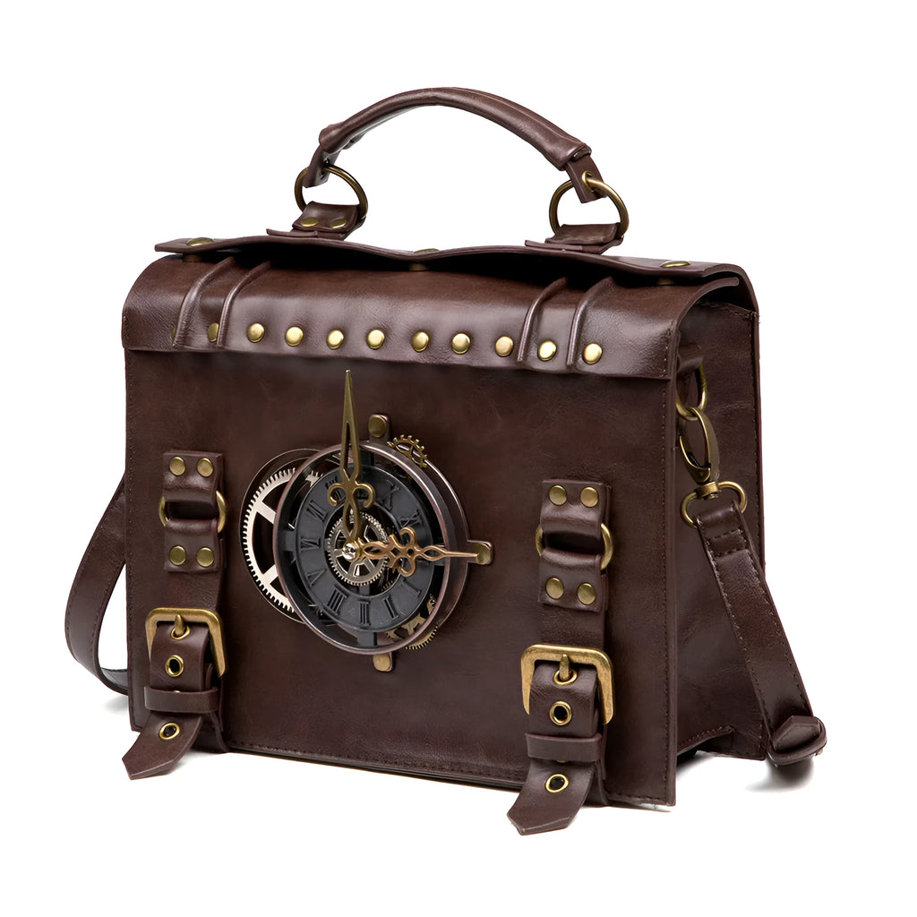 Bronze steampunk retro pillow shoulder bag with square shape and metal hardware.