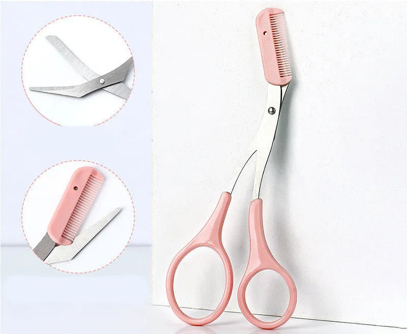 Curved moon-shaped eyebrow trimmer with a cutting comb on a white background.