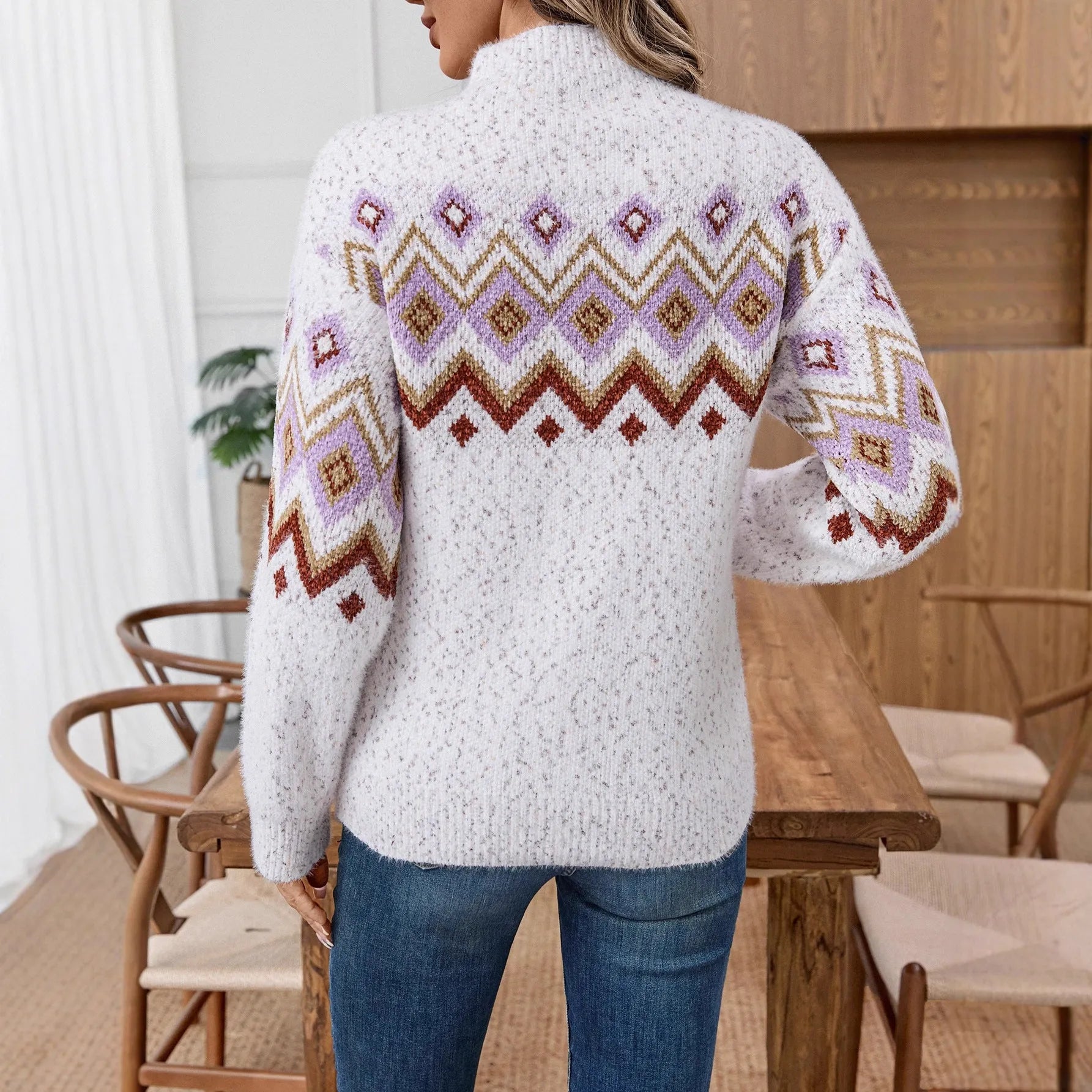 White women's half turtleneck sweater with geometric jacquard pattern, loose fit, long sleeves