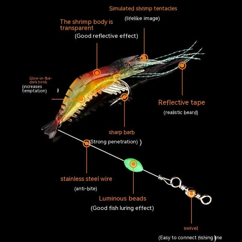 Six Luer soft fishing lures with hooks in assorted colours including black head yellow body and luminous pink
