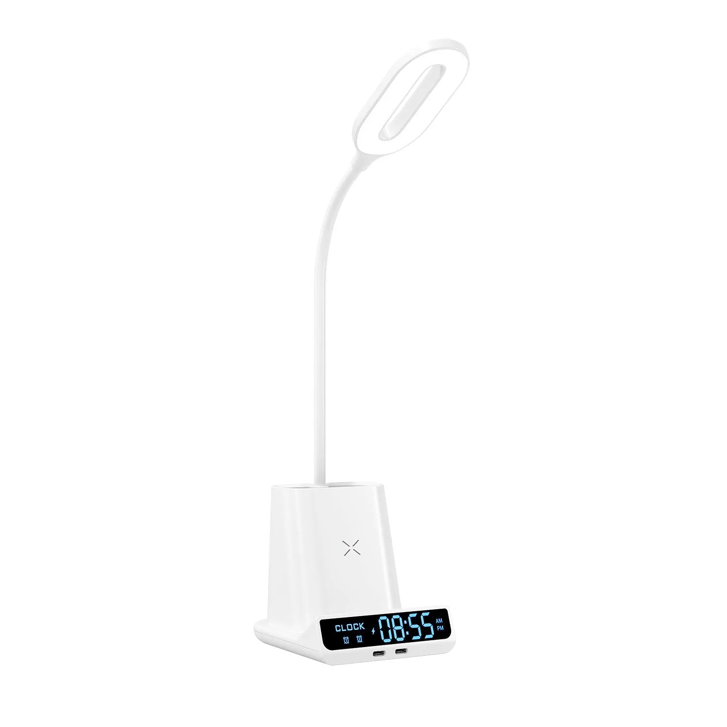 Modern desk lamp with wireless charging pad, pen holder, and LED clock display