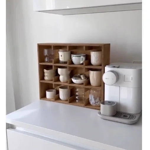 Solid birch wood multi-layer cup storage rack with square design and grid compartments