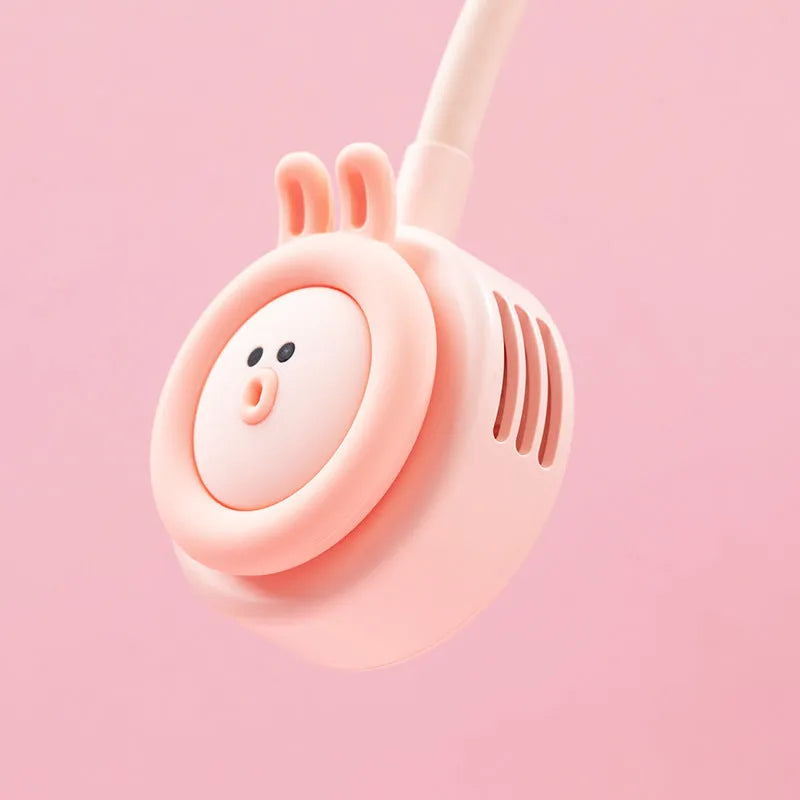Pink foldable leafless hanging neck fan showing USB port and three-speed controls