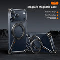 Black metal iPhone 17 Pro Max case with a magnetic kickstand bracket deployed.