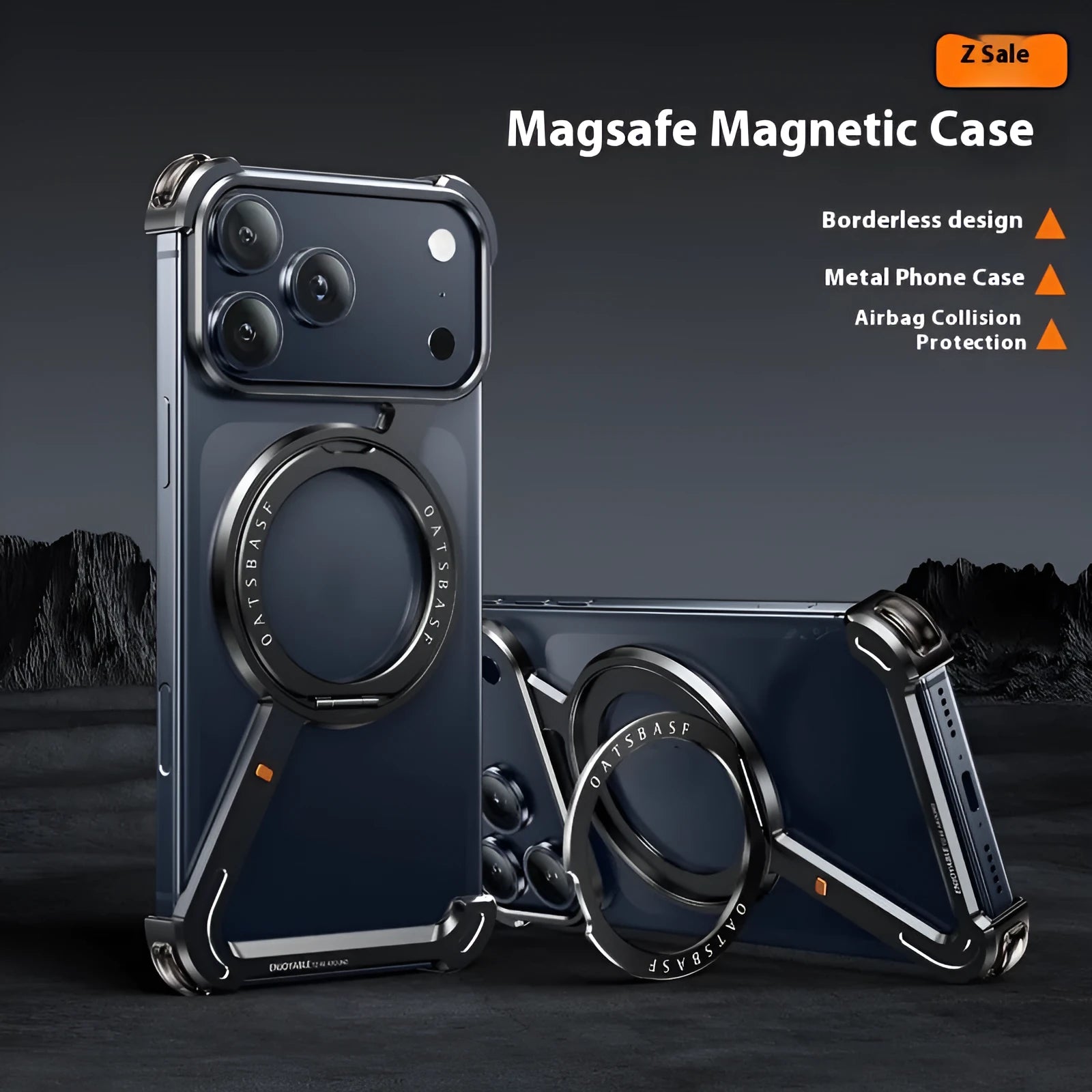 Black metal iPhone 17 Pro Max case with a magnetic kickstand bracket deployed.