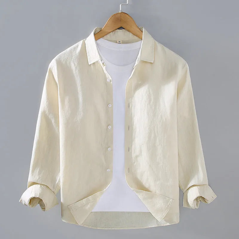 Men's pure linen shirt in cardigan style, shown in a solid earthy colour with long sleeves.