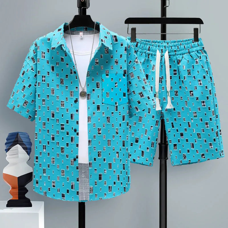 Men's casual sports two-piece set with short sleeve top and matching shorts in various colours