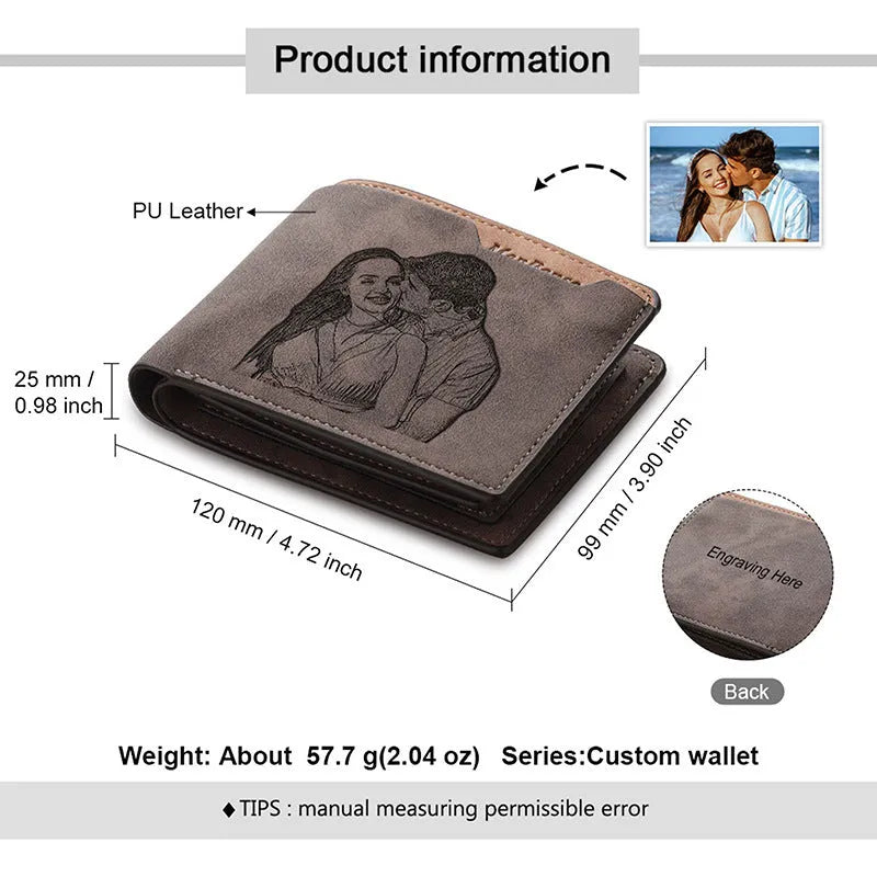 Coffee-coloured engraved horizontal short wallet showing 120x99mm dimensions