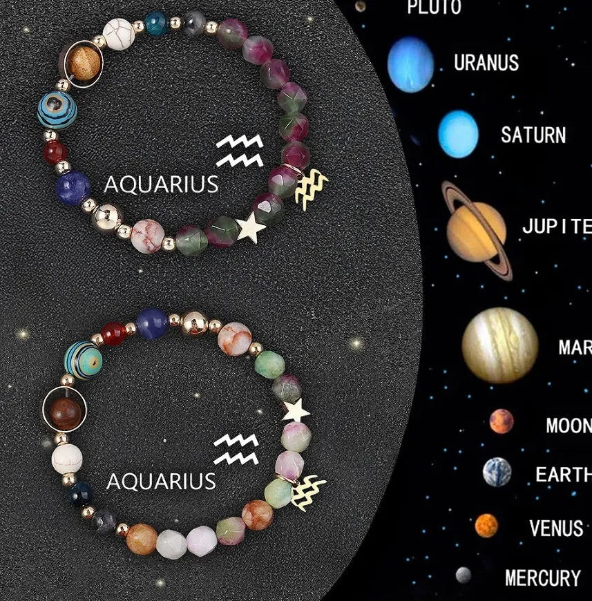 Twelve zodiac sign bracelets with natural stone beads arranged in a circle showing different designs