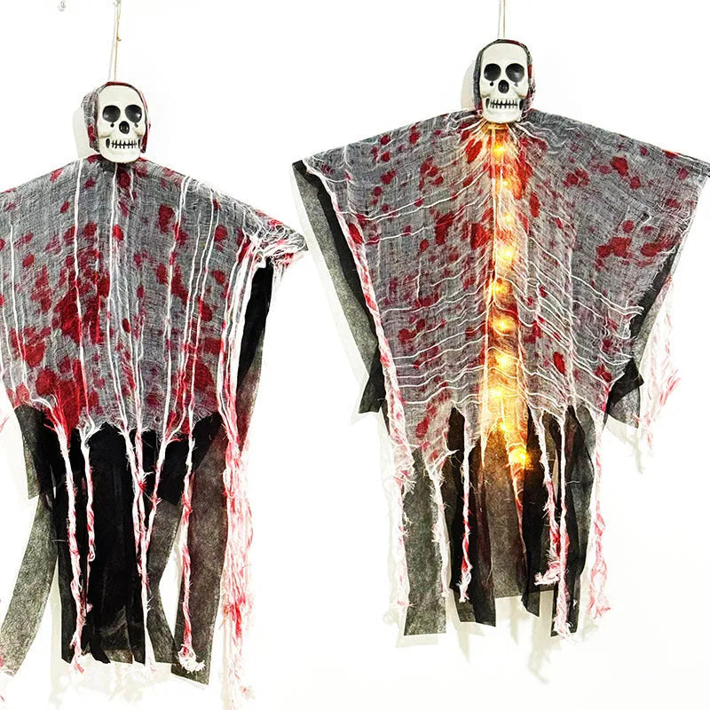 Plastic luminous blood-dyed skull hanging ghost Halloween decoration for outdoor use.