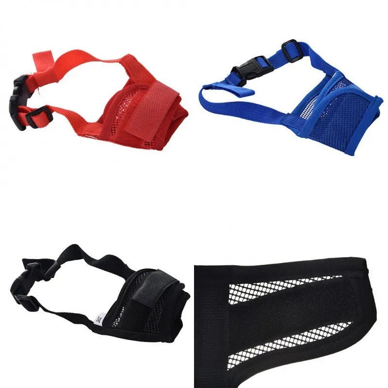 Adjustable plastic dog muzzle in multiple colours showing five size options for biting and barking control