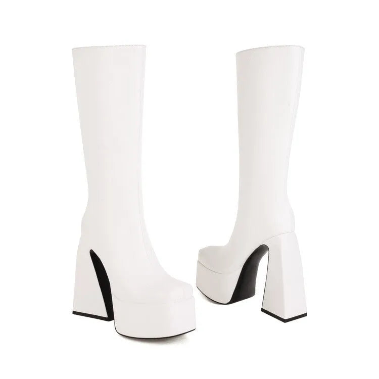 Women's black high boots with artificial PU upper material showing side profile