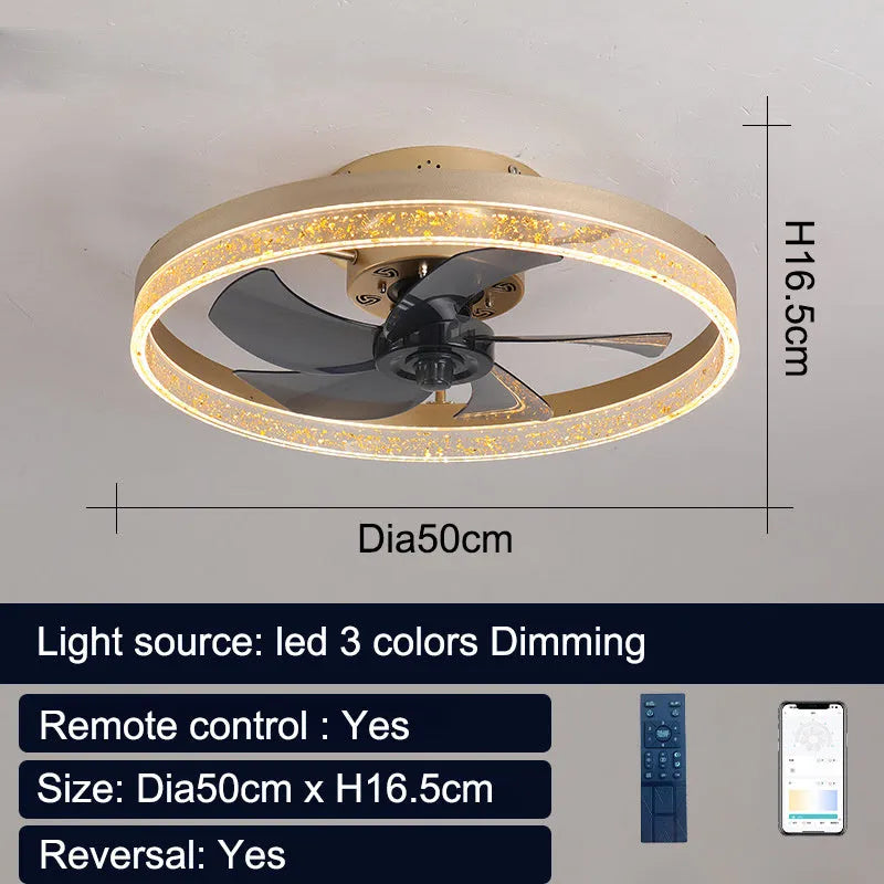 Nordic style ceiling fan lamp with remote control and LED lighting in coffee gold finish