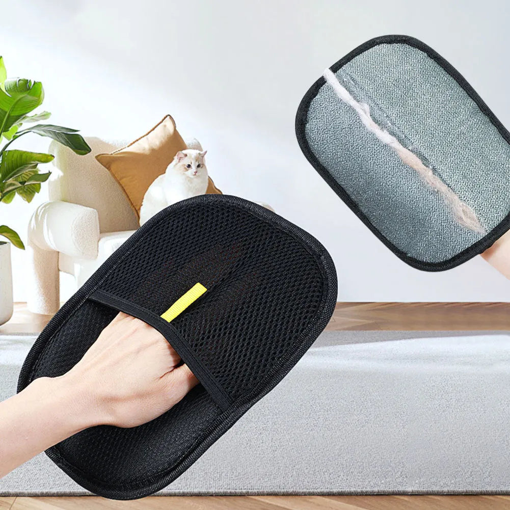 Black pet grooming glove with silicone bristles for removing hair from dogs cats rabbits