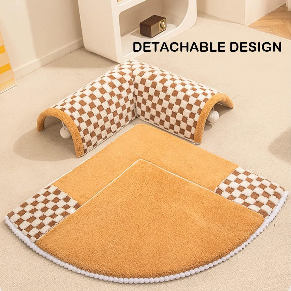 XL fan-shaped plush pet bed for dogs and cats with integrated tunnel in a plaid pattern.