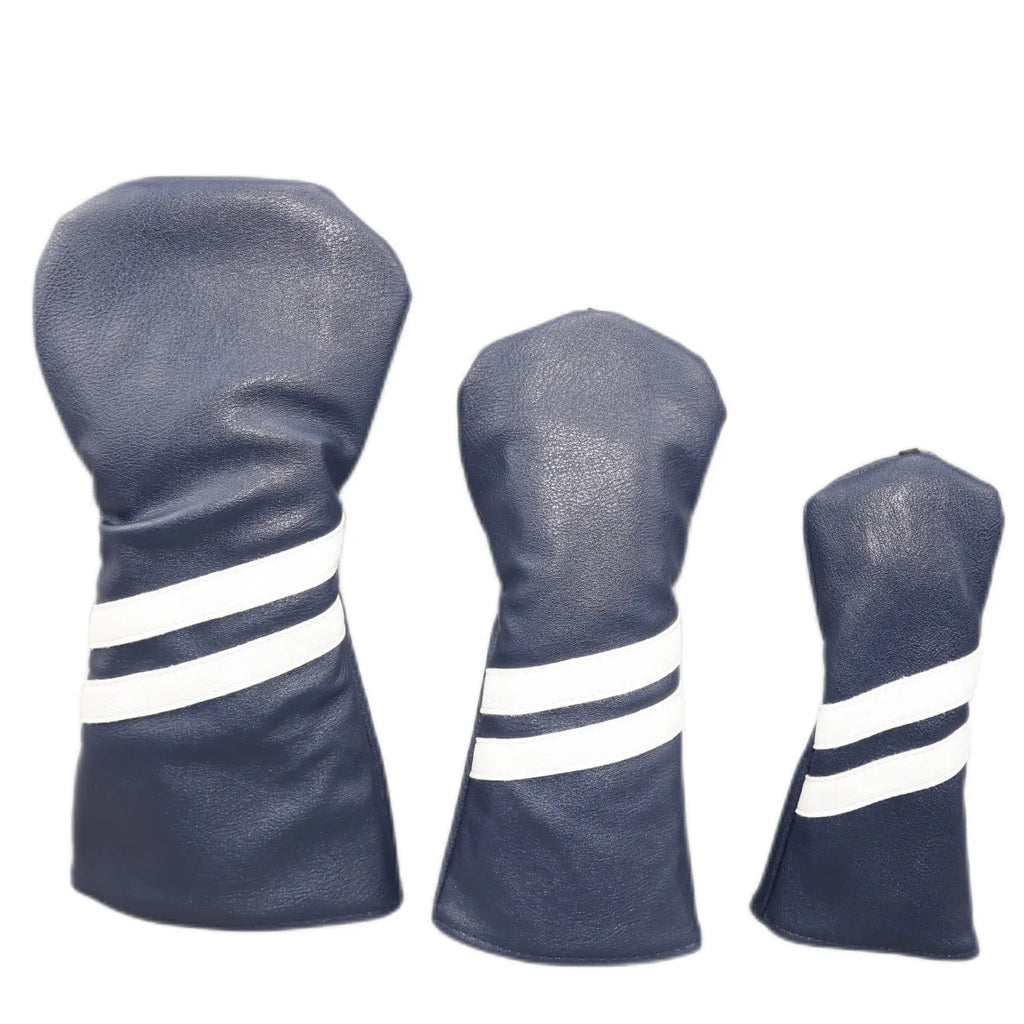 A striped golf club head cover for a driver, shown in black with white oblique stripes.