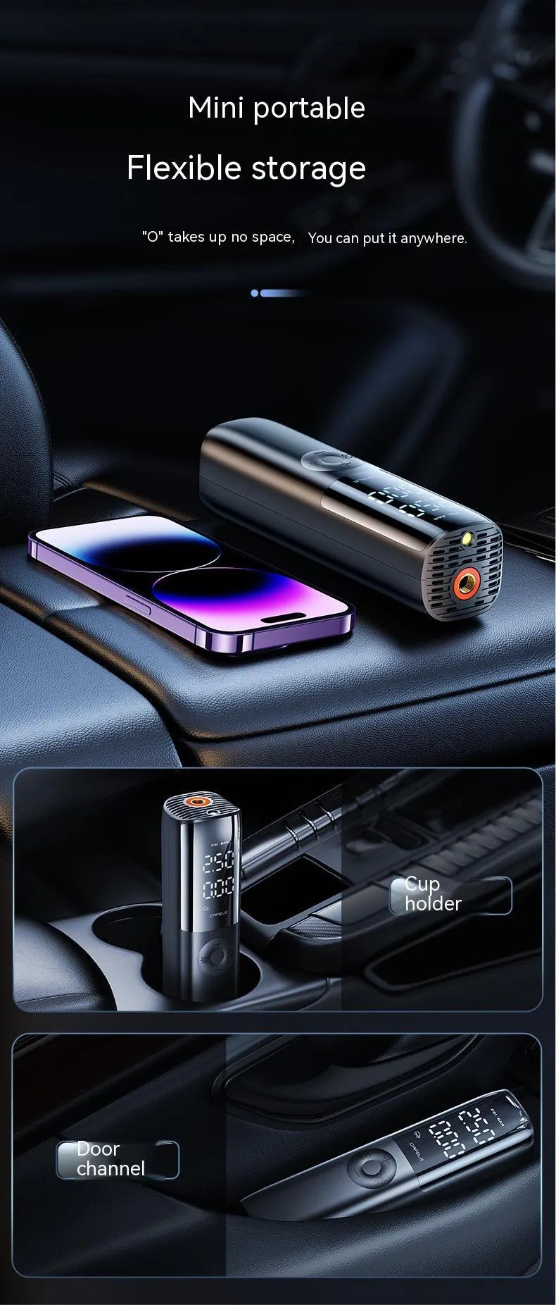 Black portable electric vehicle air pump with tyre pressure gauge and plug-in connector