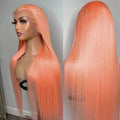 Light orange long straight front lace synthetic wig with side bangs on a wig stand