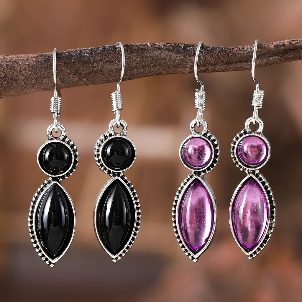 Geometric vintage pendant earrings with black and purple electroplated finish and round elements