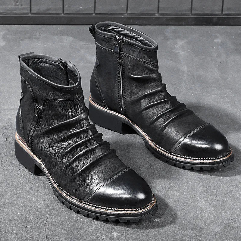 Men's black synthetic leather cowboy boots with a side zipper and a mid-height shaft on a white background.