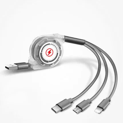 Telescopic charging cable extended to 120cm with 3-in-1 connectors in choice of colours